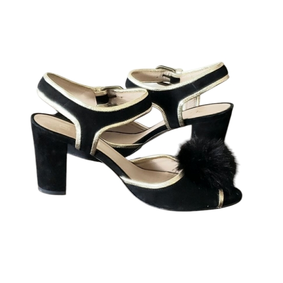 Anthropologie Cleo B Black Suede Heels with Pom Pom Size 38 - Picture 5 of 11